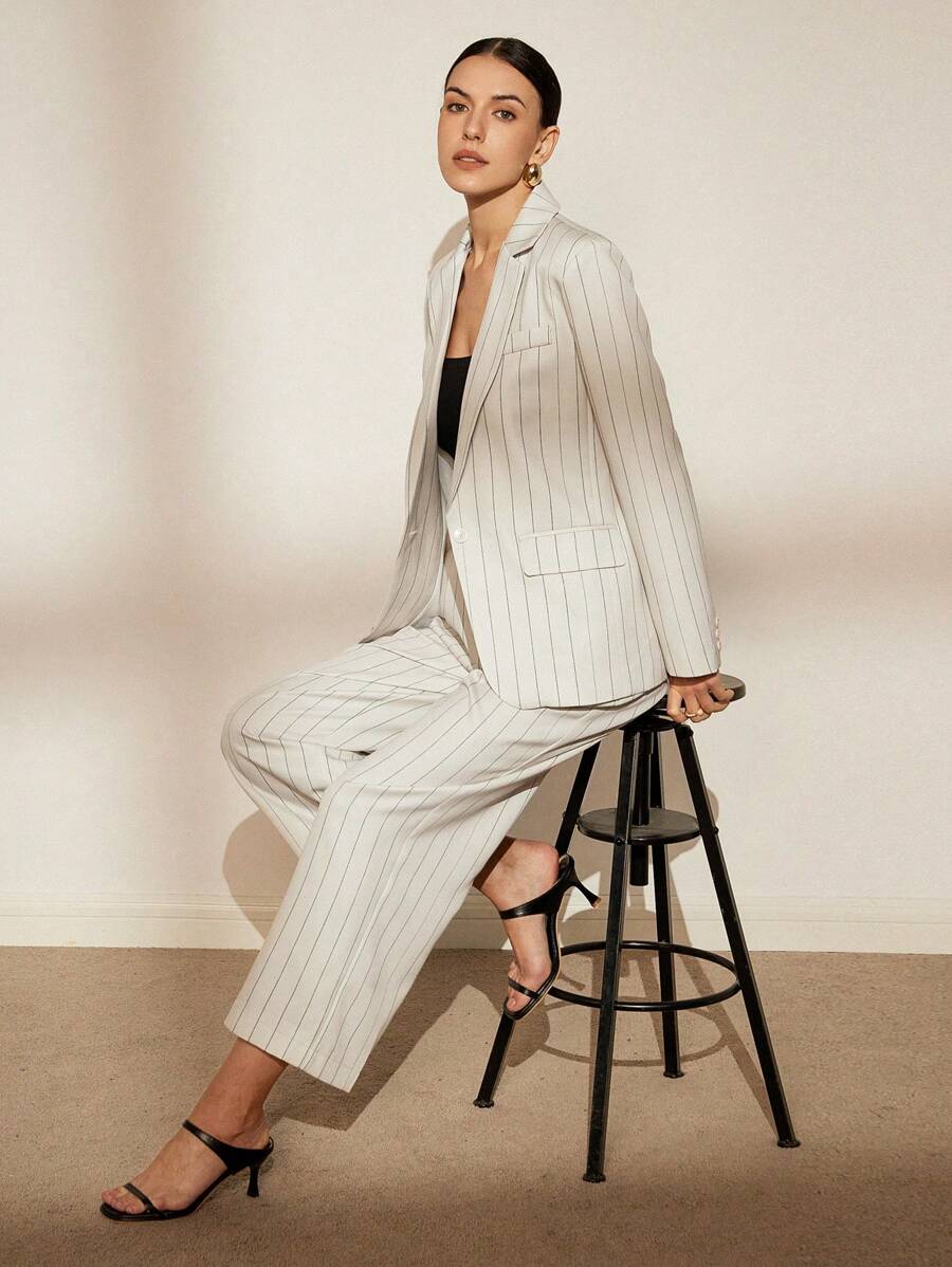 SHEIN Privé 經典條紋設計工作服套裝，通用品質西裝外套 - 彩色 - 查看 1