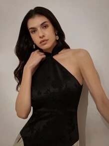 Aveloria Random Bamboo Print Jacquard Color Block Texture Chinese Style Qipao Dress With Halter Neck For Women - Multicolor - View 3