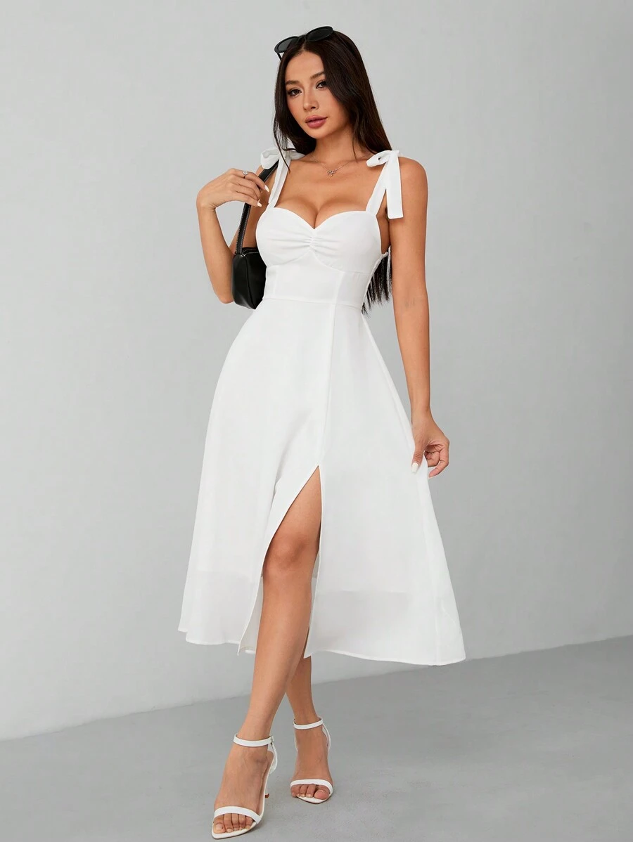 SHEIN PETITE 法式風格肩帶露肩連帶腰長裙，夏季假日裙裝 - 白色 - 查看 1