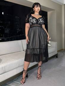 SHEIN Clasi Plus Size Lace V-Neckline A-Line Dress - Black - View 4