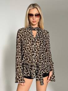 EgrlEra 春夏季時尚雪紡豹紋長袖襯衫 - 棕色 - 查看 3