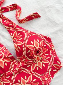 Soleia Women Vacation Orange Retro Print Halter Bowknot Tie Asymmetrical V-Neck Tight Beach Music Festival Summer Bohemian Top