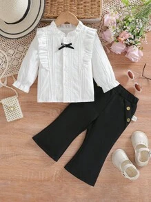 Baby Girl Top & Bottom Set, Featuring Bow Decorated Button-Front Top And Ruffle Collar Top - Black and White - View 1