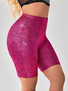 SHEIN SXY Fall Clothes Lift Buttocks High Waist Glitter Biker Shorts - Hot Pink - View 7