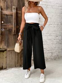 SHEIN Frenchy Paperbag Waist Belted Wide Leg Pants - Black - View 6