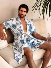 Manfinity Underwear&Sleepwear Basics Men's Random Print Simple Daily Short Sleeve Shorts, Loungewear - Baby Blue - View 5