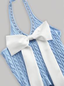 SHEIN MOD Áo len dệt kim màu xanh dành cho nữ có mặt dây chuyền ngọc trai, cổ áo tương phản và nơ lớn, áo thu - Màu xanh lam - Xem 3