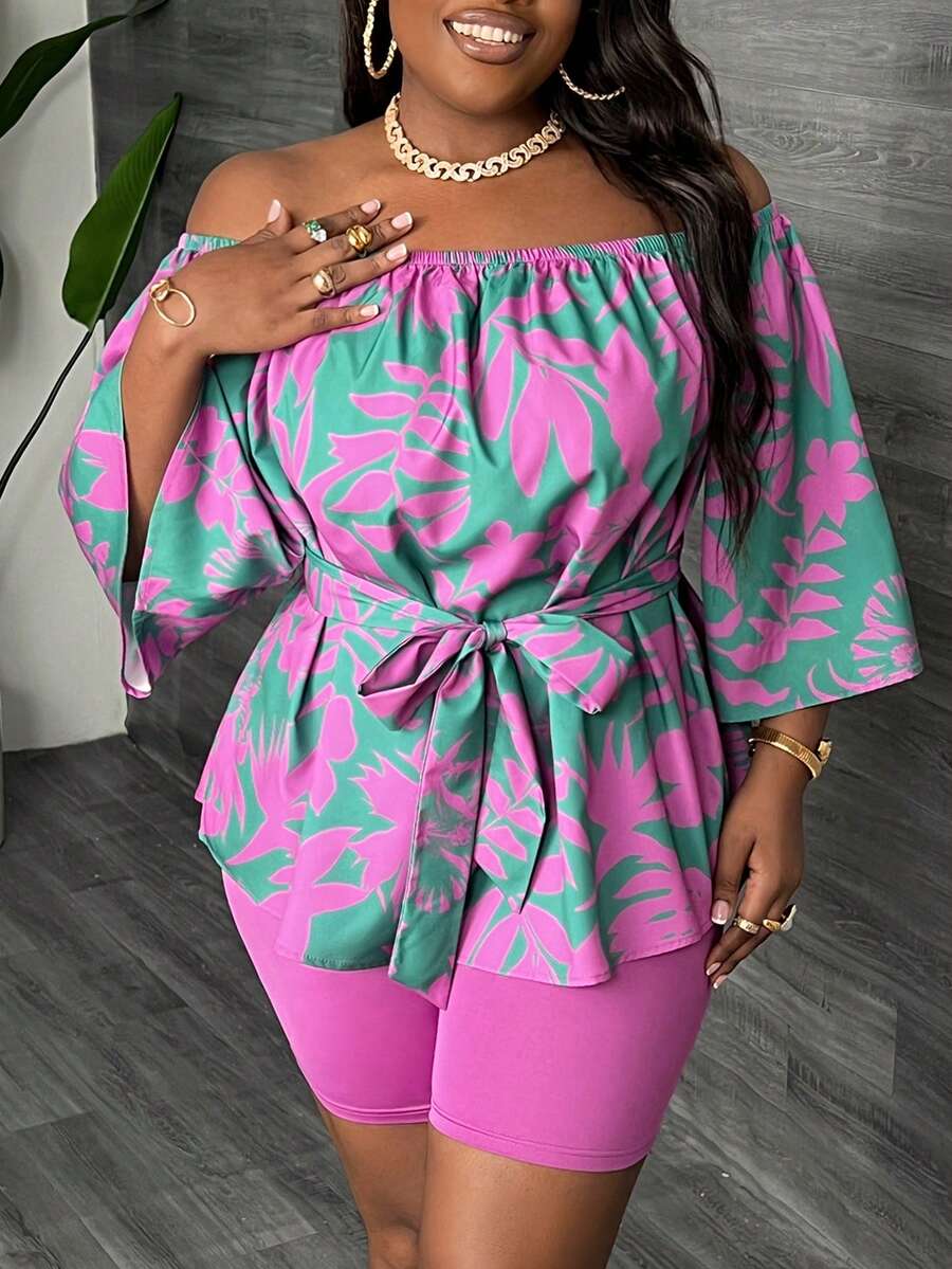 Slaydiva Bộ đồ hai mảnh in họa tiết hở vai cỡ lớn ngày lễ giản dị màu đỏ hồng, mùa hè - Nhiều màu - Xem 1