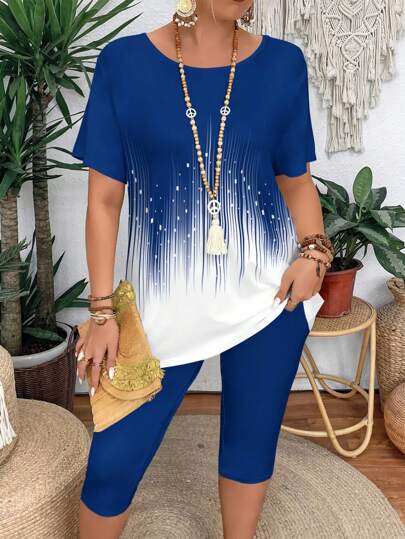 Summer Casual Color Block Short Sleeve T-Shirt And Leggings 2-Piece Set For Plus Size Women, Slim Fit