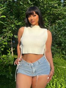 Flirla Plus Mock Neck Knot Side Crop Sweater Vest - Beige - View 7