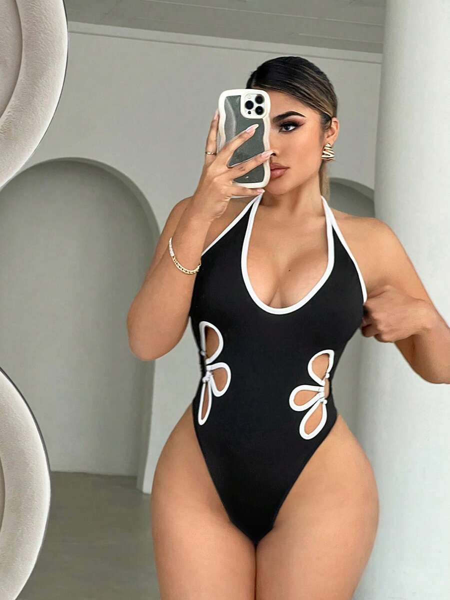 SHEIN SXY 性感優雅的黑白色穿插空心連體褲女款，適用於夏季 - 黑與白 - 查看 1