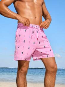 Manfinity Men's Pineapple Print Drawstring Waist Loose Fit Beach Shorts For Vacation