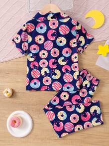 Conjunto informal de chaqueta holgada de manga corta con estampado de donas para niña joven - Multicolor - Ver 2