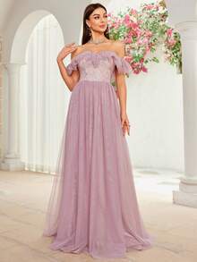 Mgiacy Off-Shoulder Romantic Floral Embroidery Mesh Splice Dress With Ruffled Sleeves - Pink - View 3