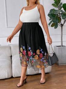 SHEIN CURVE+ Plus Size Summer Elegant Black Mesh Skirt Embroidered Hem - Black - View 5