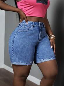 Slaydiva Roll Up Hem Casual Denim Shorts For Summer - Light Wash - View 5