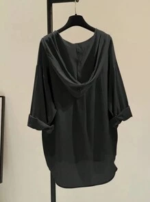 INAWLY Camisa casual con capucha y bolsillo de trabajo para mujer de talla grande con mangas caídas en unicolor para el verano