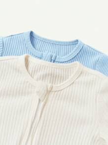 Cozy Pixies 新生嬰兒男寶寶純色連腳爬服細身2件套裝 - 藍色 - 查看 7