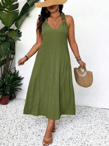 SHEIN Frenchy Plus SizeSummer Beach V Neck Dress Wooden Hoop Embellished Shoulder Strap Textured Flowy Fabric Beach Summer Green Long Dress - Army Green - View 2