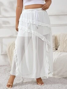 SHEIN Privé Plus Size Casual White Elastic Drawstring Waist Skirt With Split Hem And Ruffled Edges, Perfect For Everyday Wear And Summer Vacation Outfits - White - View 5