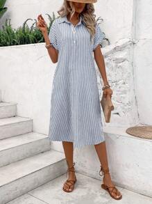 SHEIN LUNE Women's Striped Printed Simple Daily Short Sleeve Dress
