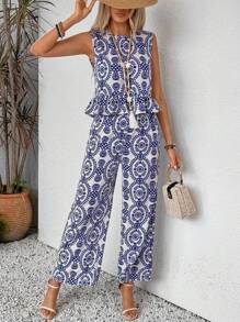 Breezaya 大尺碼全印花假日休閒背心上衣及寬腿褲套裝