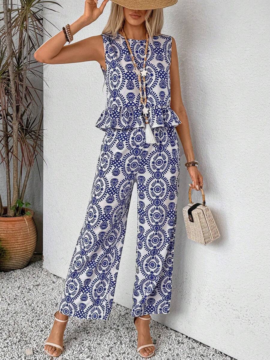 Breezaya 大尺碼全印花假日休閒背心上衣及寬腿褲套裝