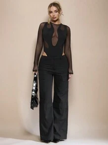 SHEIN BAE 夏季海滩度假休闲外出夜总会派对女士黑色网眼撞色透视长袖紧身衣，适合音乐会、表演和音乐节。 - 黑色 - 查看 8
