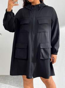 SHEIN EZwear Plus Size Front Zipper Multi-Pocket Hooded Jacket In Fall/Winter