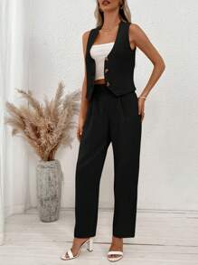 SHEIN Clasi Letnia kamizelka i spodnie w jednolitym kolorze z guzikami z przodu - Czarne - Zobacz 6