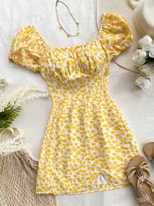 Soleia 黃色小花浪漫休閒假期泡泡袖褶皺腰身A字型夏季短裙 - 黃色 - 查看 1