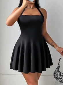 VaVaBold Women's Short Casual Halter Neck Solid Color Summer Dress - Black - View 5