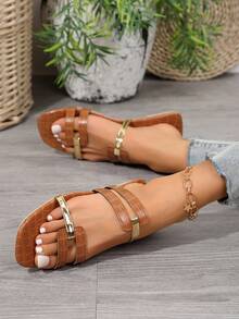 Sandálias Planas Casuais Femininas, Sapatos Confortáveis Slip-On, Primavera/Verão - Castanho - Visão 6