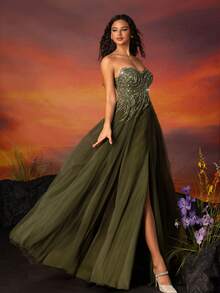 VIPGIRL 高端奢华手工刺绣串珠晚礼服，具有独特感，优雅正式舞会婚礼宾客礼服，适合毕业典礼、晚宴 - 軍綠色 - 查看 4