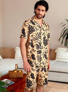 Manfinity ChillVibe 男士熱帶印花短袖和短褲套裝，夏季休閒居家服 - 彩色 - 查看 4