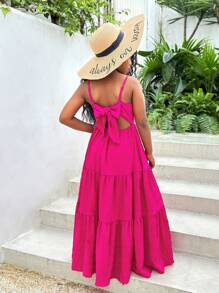 SHEIN 適用於春夏季的青少女假期休閒紋理純色荷葉邊後綁蝴蝶結連衣裙