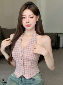 DAZY Valentine's Day Pink Plaid V-Neck Halter Party & Back To School Tank Top For Women