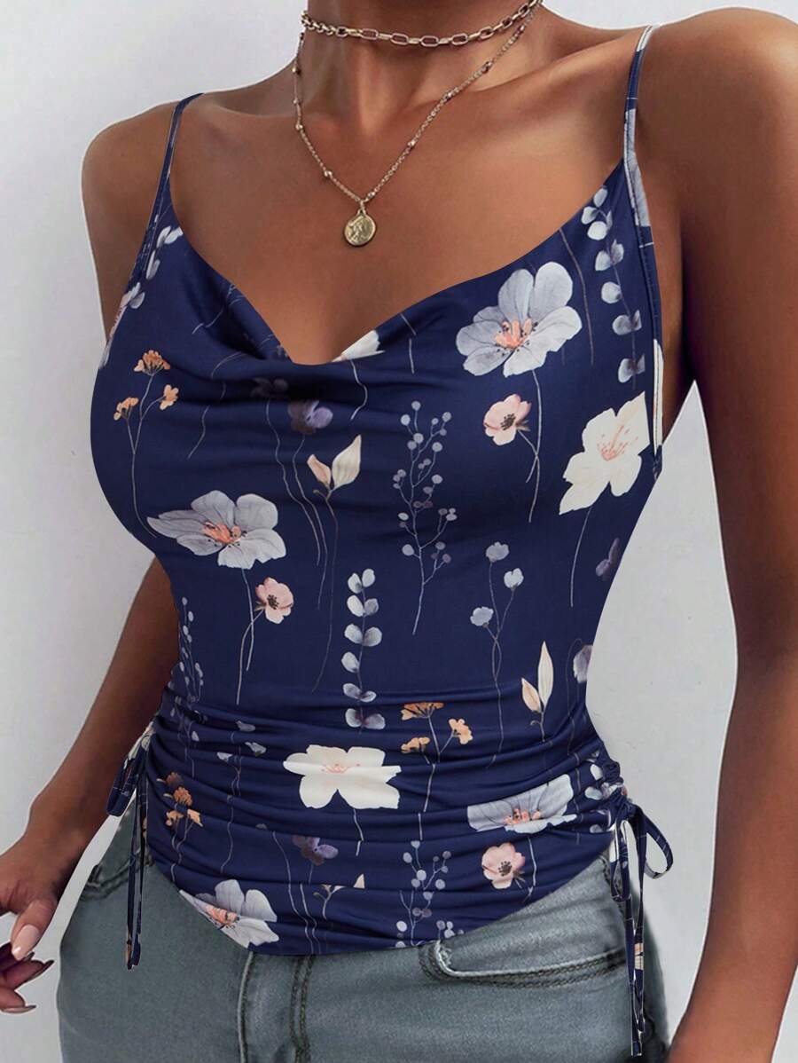 Chiquease 夏威夷風格休閒海灘假期花卉印花斜頸吊帶背心