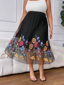 SHEIN CURVE+ Plus Size Summer Elegant Black Mesh Skirt Embroidered Hem - Black - View 8