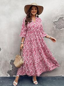 SHEIN LUNE Váy thường ngày in họa tiết ngẫu nhiên cỡ lớn cho nữ - Đỏ - Xem 4