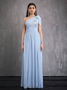Mgiacy Sequined One-Shoulder Wrapped Chest Pearl Chiffon High-End Evening Dress - Blue - View 5
