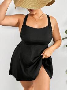 SHEIN Swim Curve 夏季海灘加大碼筋紋針織十字背心泳衣套裝 - 黑色 - 查看 1