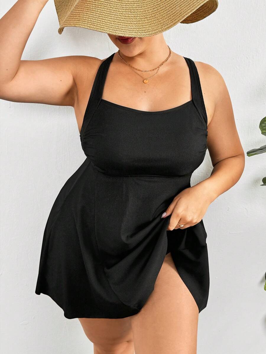 SHEIN Swim Curve 夏季海灘加大碼筋紋針織十字背心泳衣套裝 - 黑色 - 查看 1