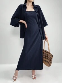 Mulvari Bộ 2 món áo khoác trễ vai trơn và váy hai dây cho mùa hè - Màu xanh hải quân - Xem 5