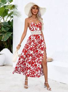 SHEIN VCAY 女士夏季假日拼接綁帶腰長裙，前後分開，無袖 - 紅白色 - 查看 4