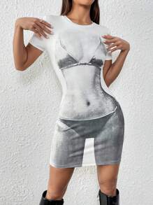 SHEIN Unity Women's Summer Short Sleeve Portrait Pattern Bodycon Dress With Round Neck - White - View 3
