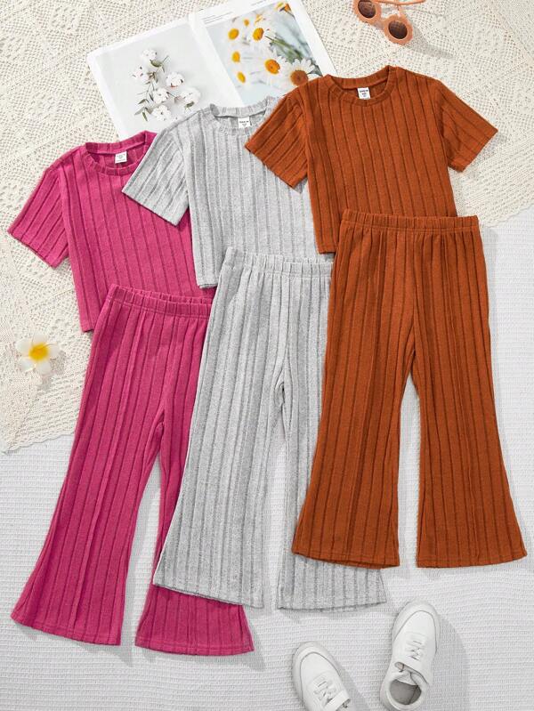 Young Girl Knitted Solid Color Twist Knot Short Top And Knitted Solid Color Flared Pants, 6pcs/Set