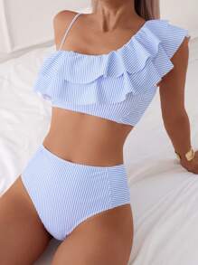 SHEIN Swim Ladies' Summer Beach Striped Ruffle Asymmetric Top And Bikini Bottoms Set