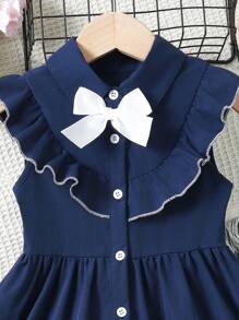 SHEIN 年轻女孩返校通勤休闲蓝白荷叶边无袖开衫连衣裙，淑女气息十足 - 寶藍色 - 查看 3