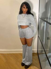Slaydiva Casual All  Gray Round Neck Loose Cropped Sweatshirt And Low Waist Shorts With Foot Covers  Set - Light Grey - View 3